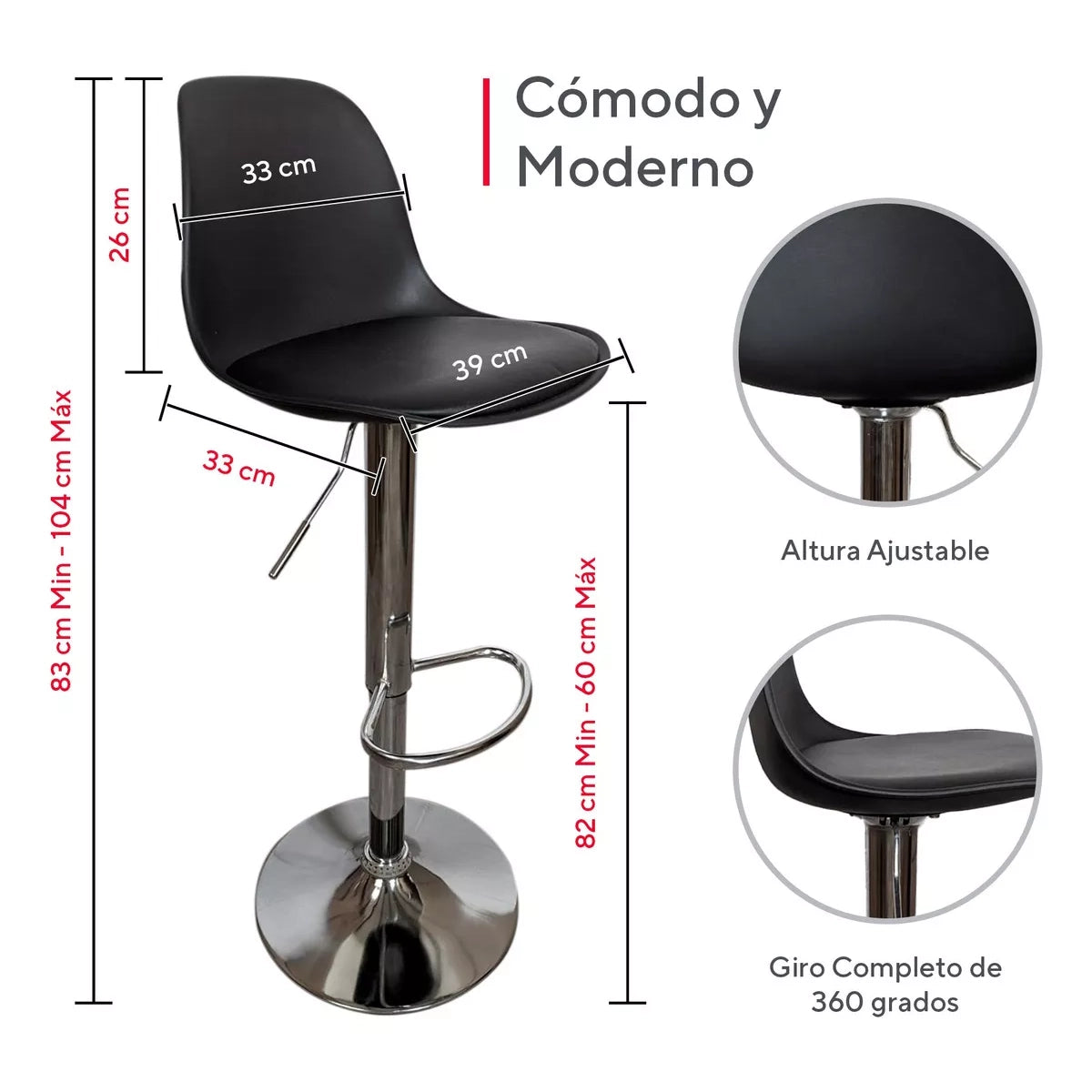 Set De 2 Bancos Altos Con Respaldo Barra Desayunador Cocina Color Negro