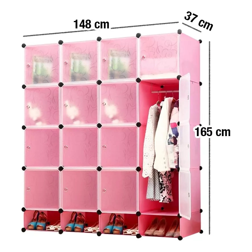 Closet Armable Armario Portátil Con Zapatera 16 Cubos Rosa