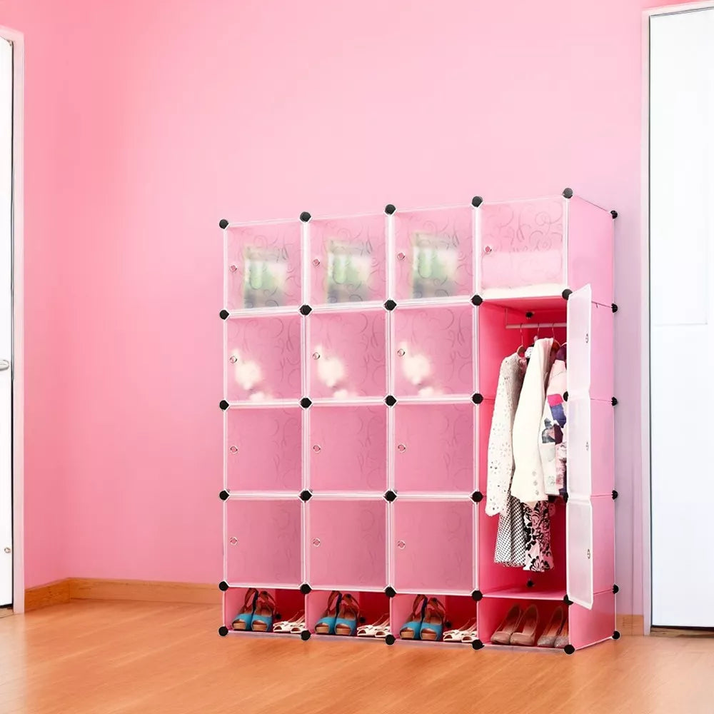 Closet Armable Armario Portátil Con Zapatera 16 Cubos Rosa