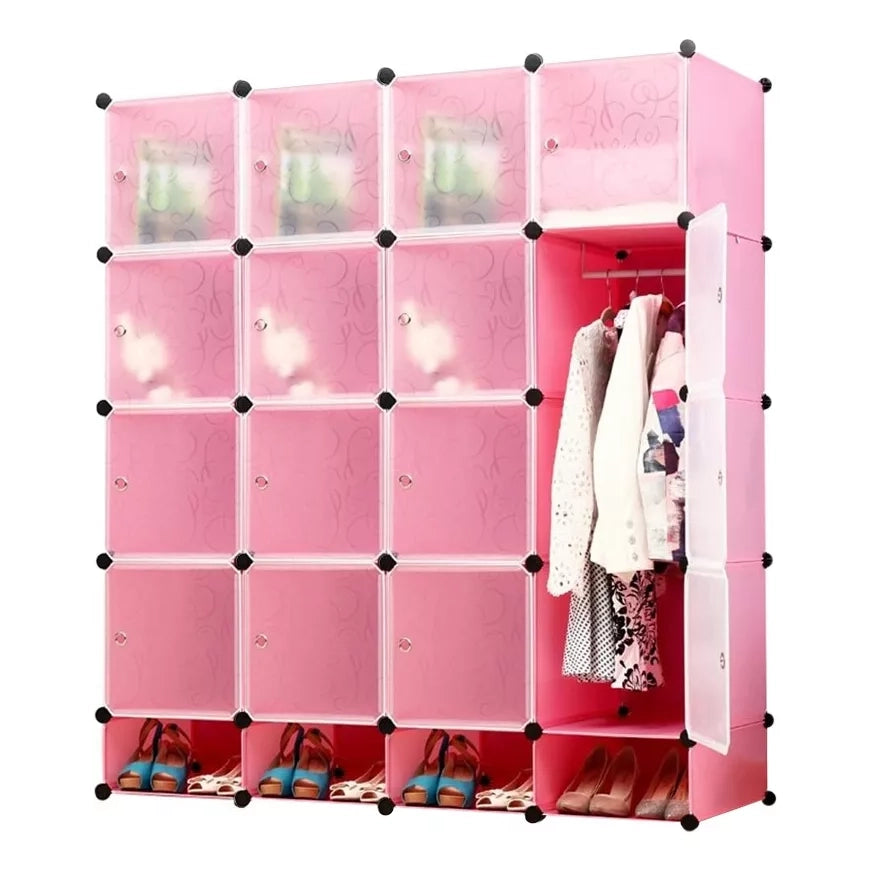 Closet Armable Armario Portátil Con Zapatera 16 Cubos Rosa